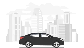 Ilustração de um carro preto e, ao fundo, uma cidade com prédios.